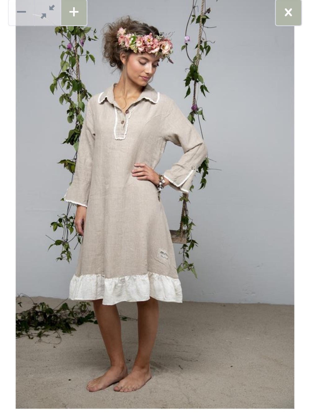 NWT JDL Clothing Natural Beige Linen Dress with White Ruffle Hem